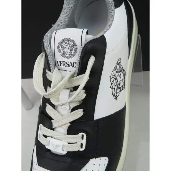 NIB VERSACE BLACK WHITE LEATHER MEDUSA HEAD LOW TOP SNEAKERS US 14 EUR 47 ITALY